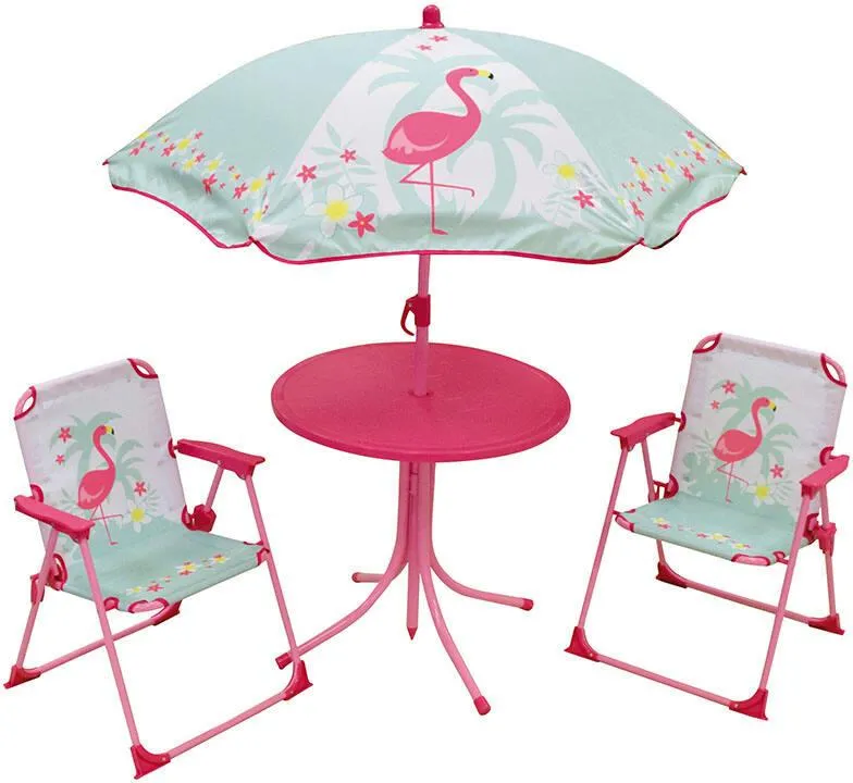 FLAMANT ROSE  SALON DE JARDIN   AVEC UNE TABLE-  DEUX CHAISES -PARASOL