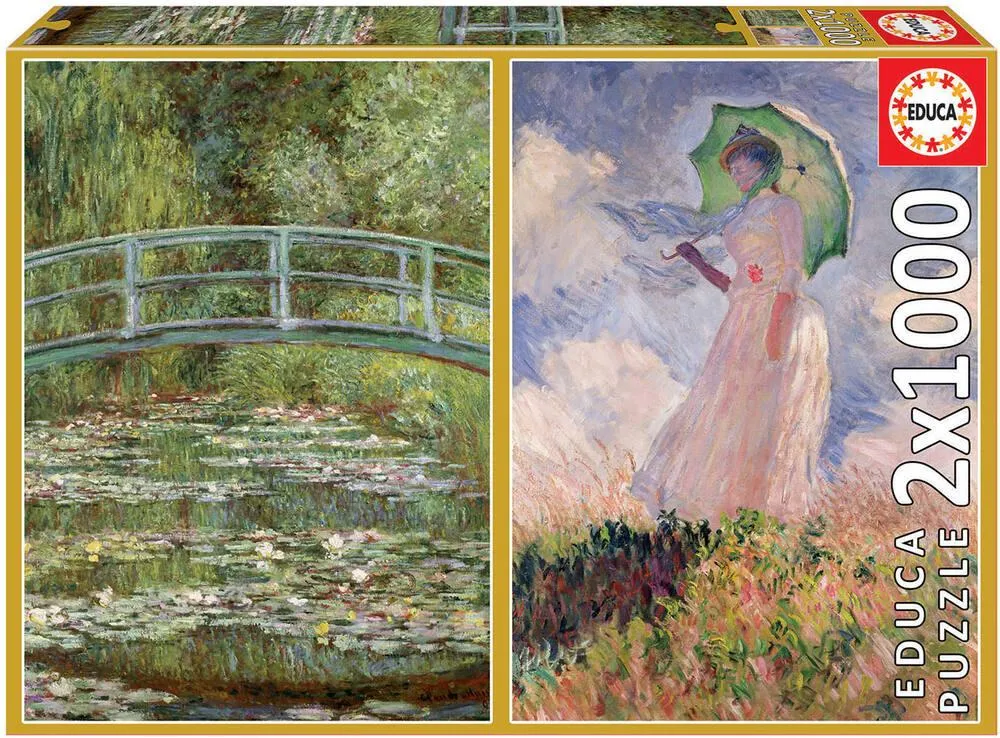 2 PUZZLES DE 1000 PIECES - CLAUDE MONET - LE BASSIN AUX NYMPHEAS + FEMME A L'OMBRELLE