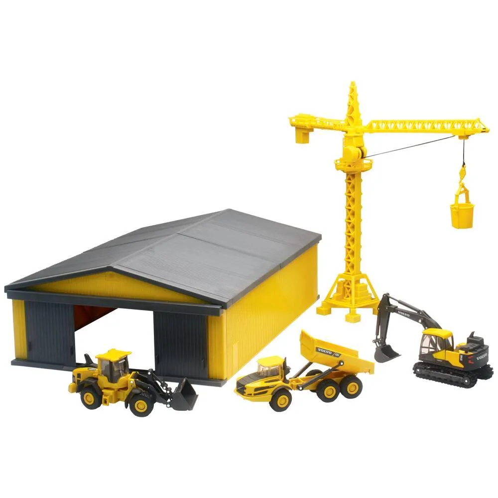 COFFRET TRAVAUX PUBLICS VOLVO DIE CAST 3 ENGINS + GRUE + HANGAR