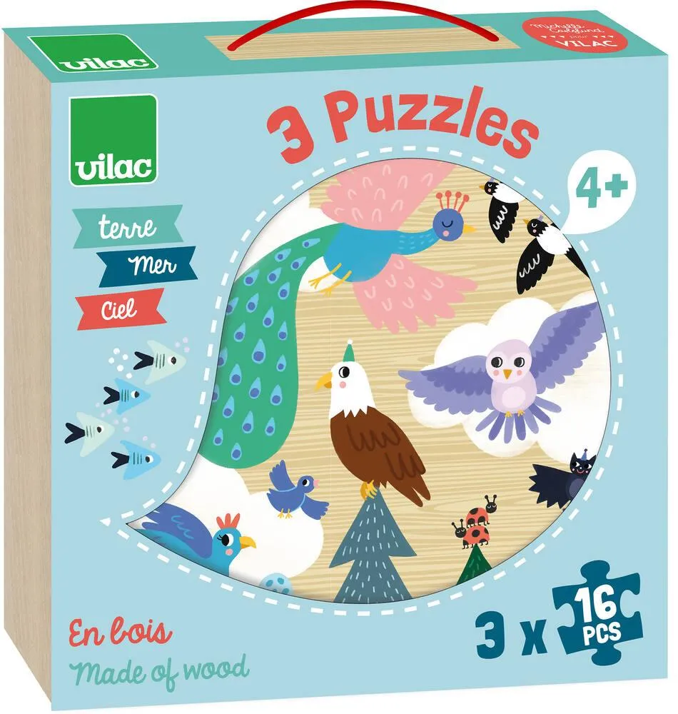 COFFRET PUZZLES EN BOIS 3X16 PIECES TERRE - MER - CIEL