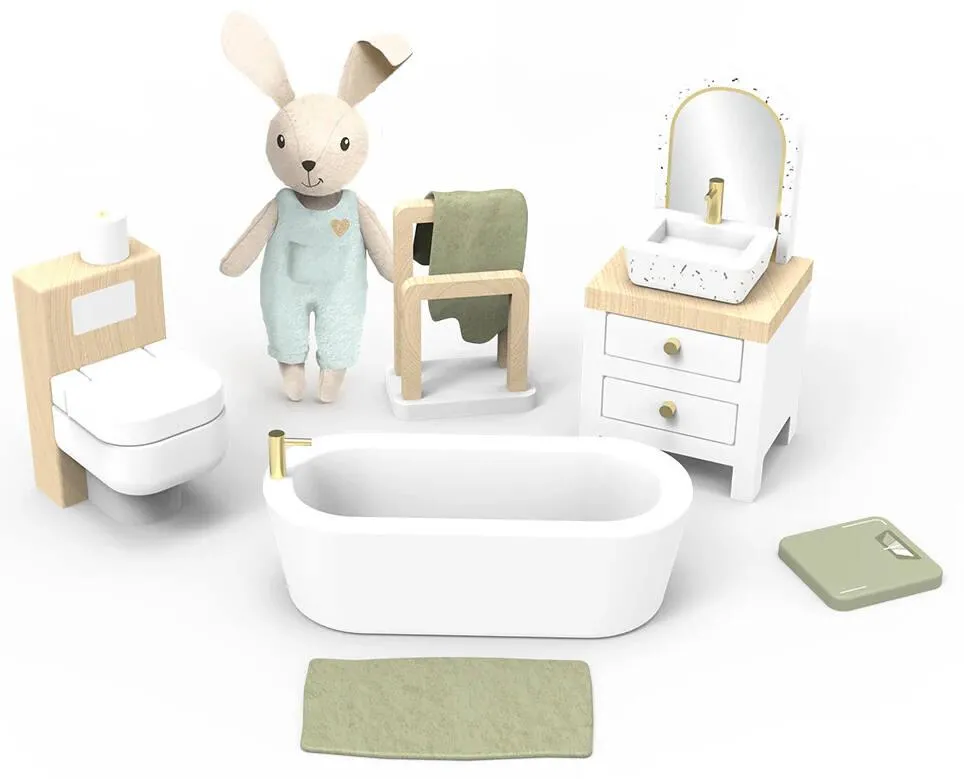 SPEEDY MONKEY  SALLE DE BAIN DE LA MAISON DE POUPEE + 1 LAPIN H 9 CM