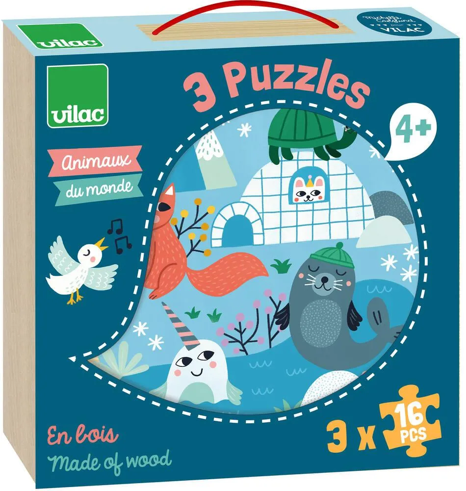 COFFRET PUZZLES EN BOIS 3X16 PIECES ANIMAUX DU MONDE