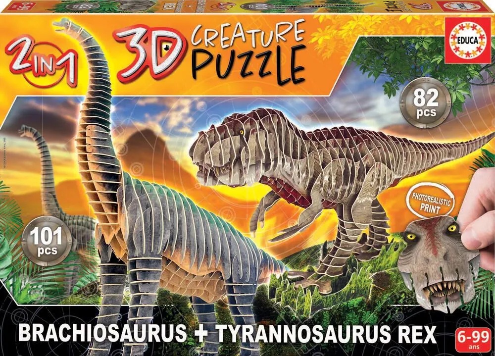 PUZZLE 3D CREATURE 2 EN 1  BRACHIOSAURUS 101 PIECES ET TYRANNOSAURUS REX 82 PIECES