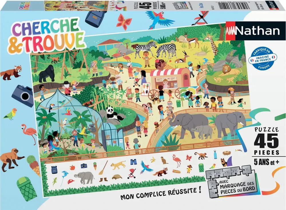 PUZZLE 45 PIECES - AU ZOO - CHERCHE ET TROUVE