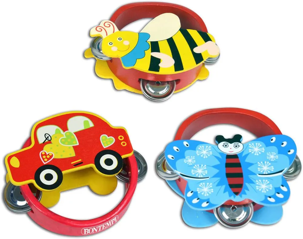 TAMBOURIN ANIMAUX EN BOIS AVEC CYMBALES