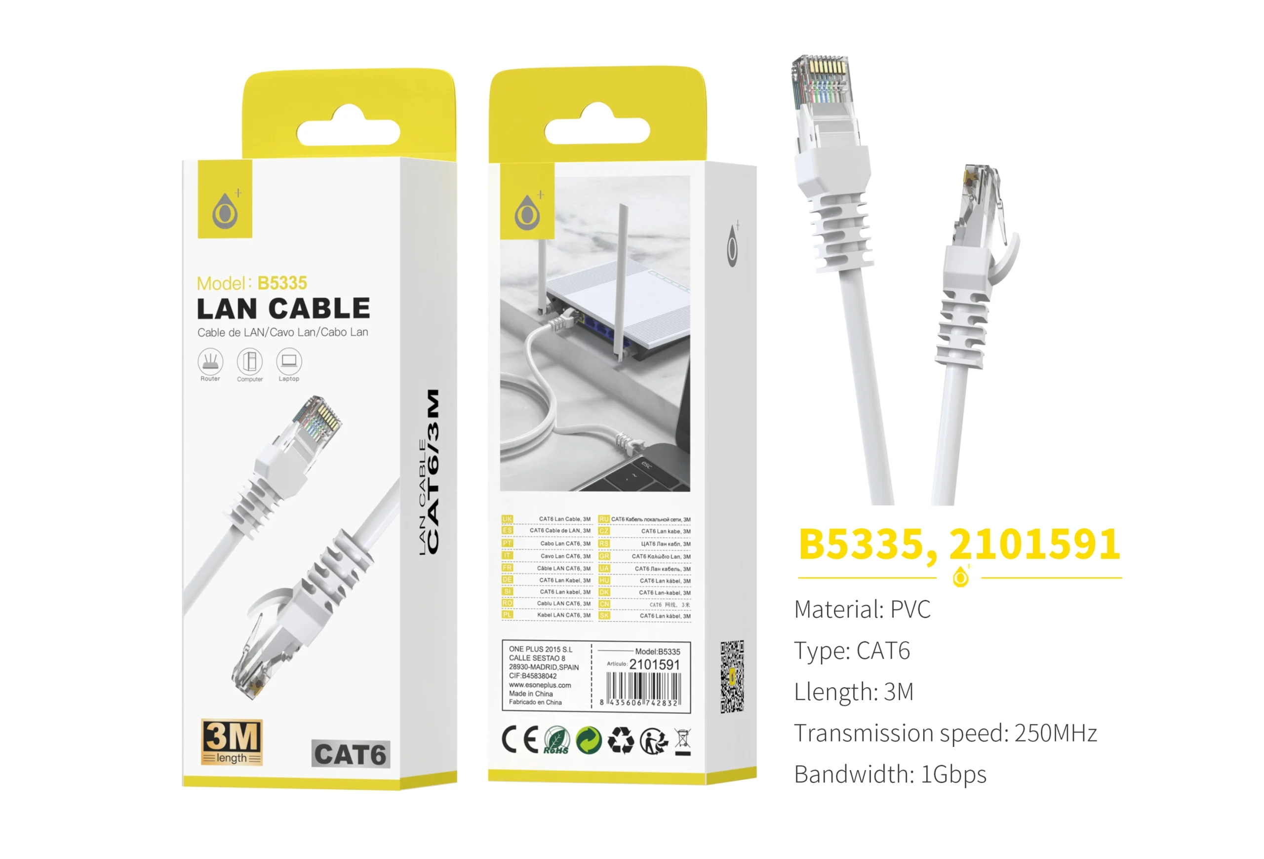 Câble ethernet rj45 - 3 m - b5335 - blanc