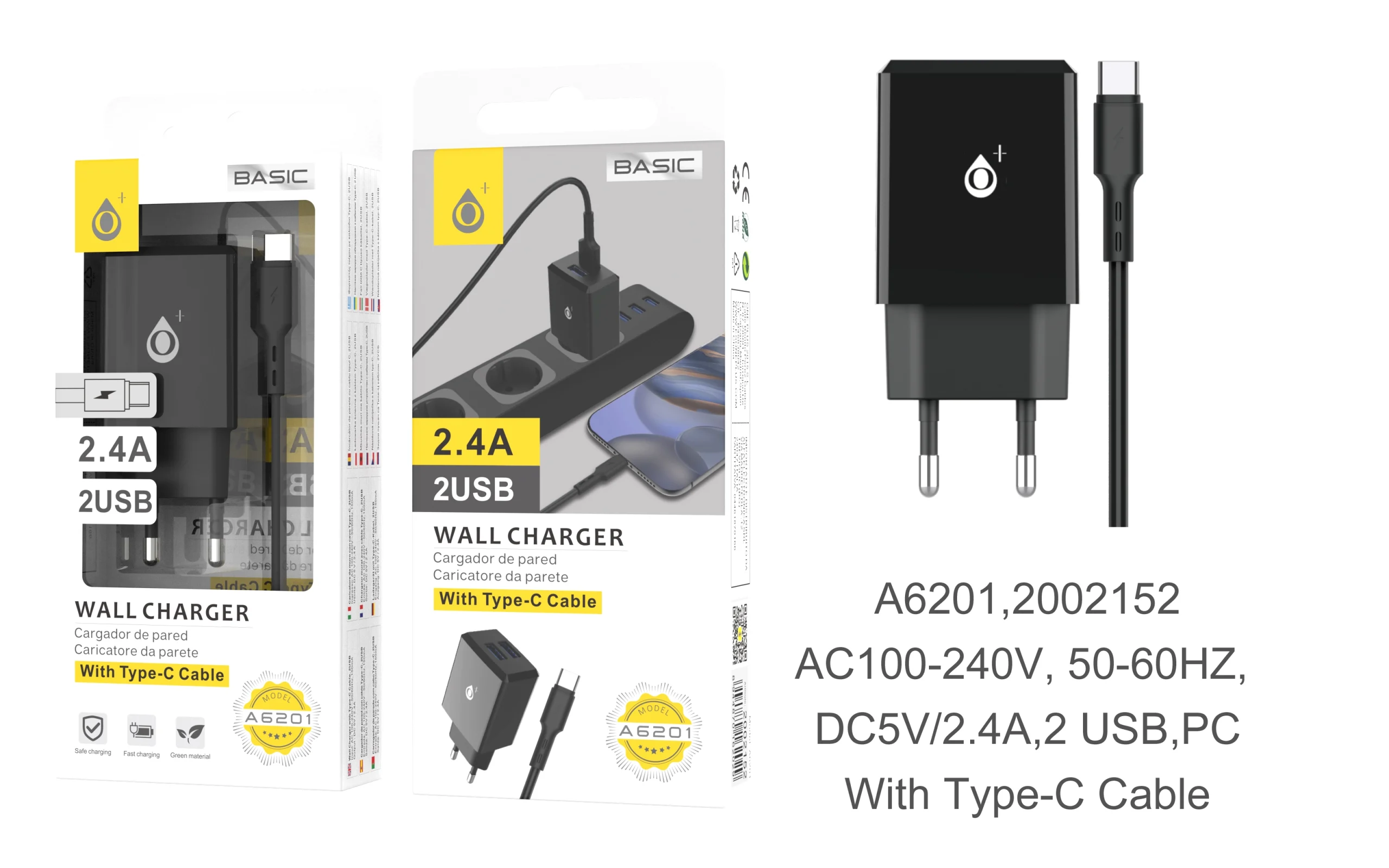 Chargeur avec câble a6201 type c, 2 usb , 2.4a