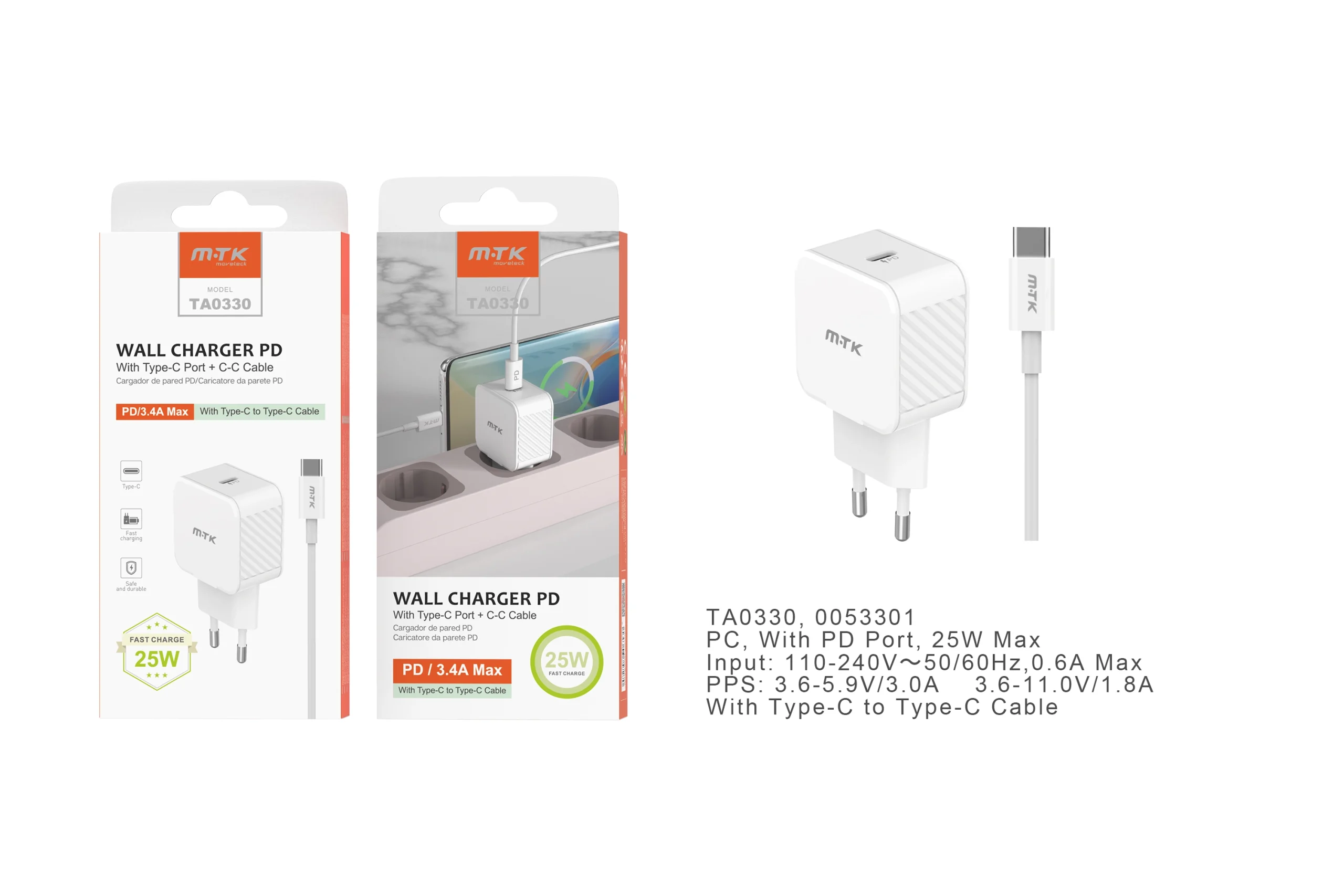 Chargeur port type c avec câble type c- 25w/ 3.4a- blanc- ta0330