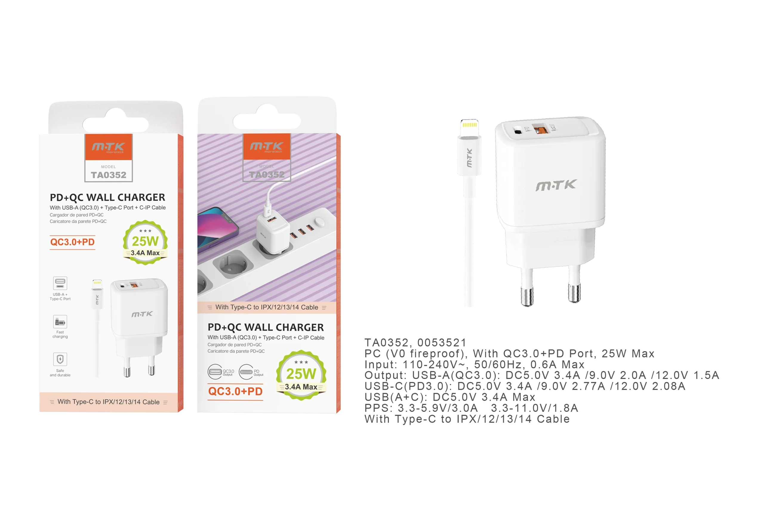 Chargeur rapide type c vers lightning- 2 port (1 usb et 1 type c)- 25w/ 3.4a - ta0352- blanc