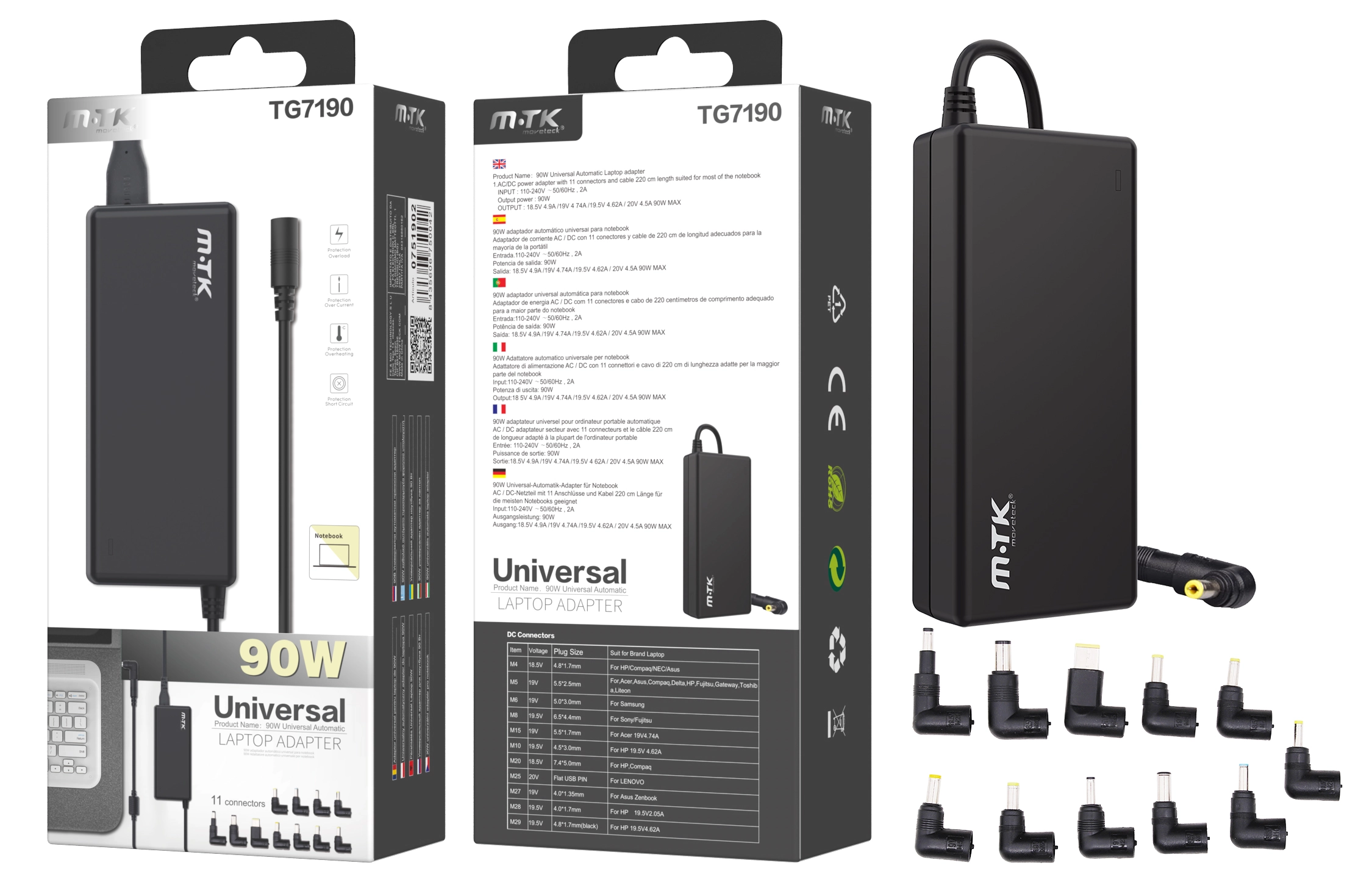 Chargeur universel automatique tg7190 - 11 embouts pour pc portable - 90w - 2,2m - noir