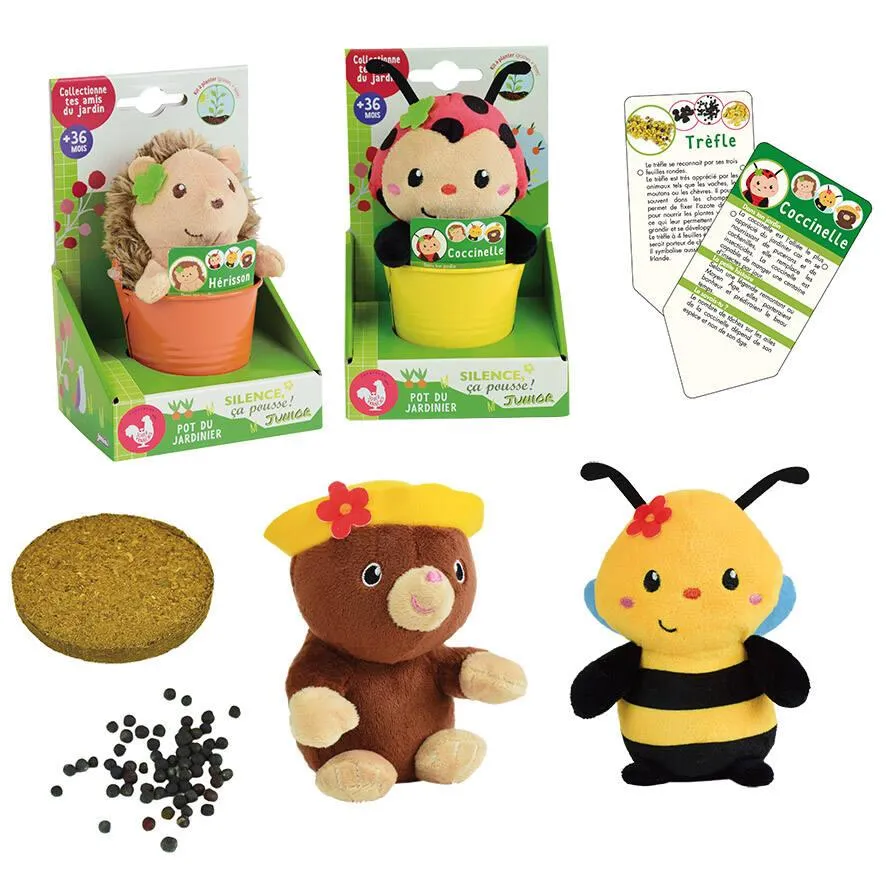 SILENCE CA POUSSE PELUCHE : 13 CM DANS UN POT AVEC UN BLOC DE TERRE, DES GRAINES ET UNE FICHE  INSTRUCTIVE