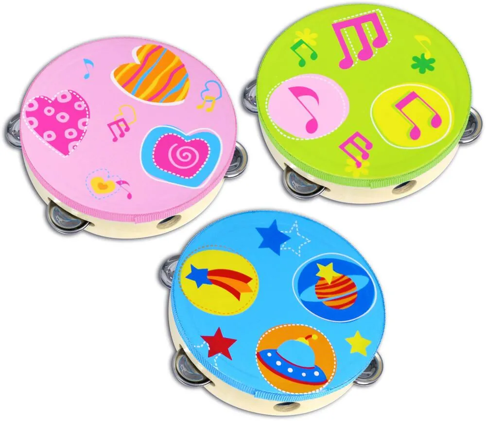 TAMBOURIN EN BOIS AVEC CYMBALES EN MÉTAL
