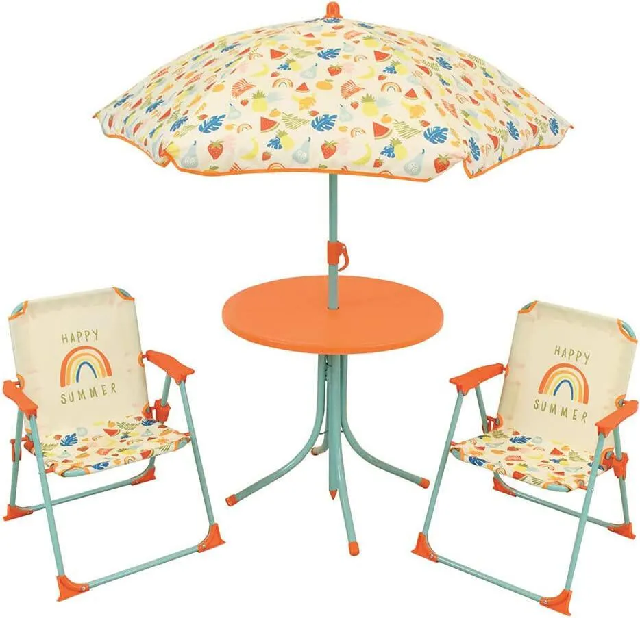 FRUITY'S SALON DE JARDIN TABLE, 2 CHAISES, PARASOL