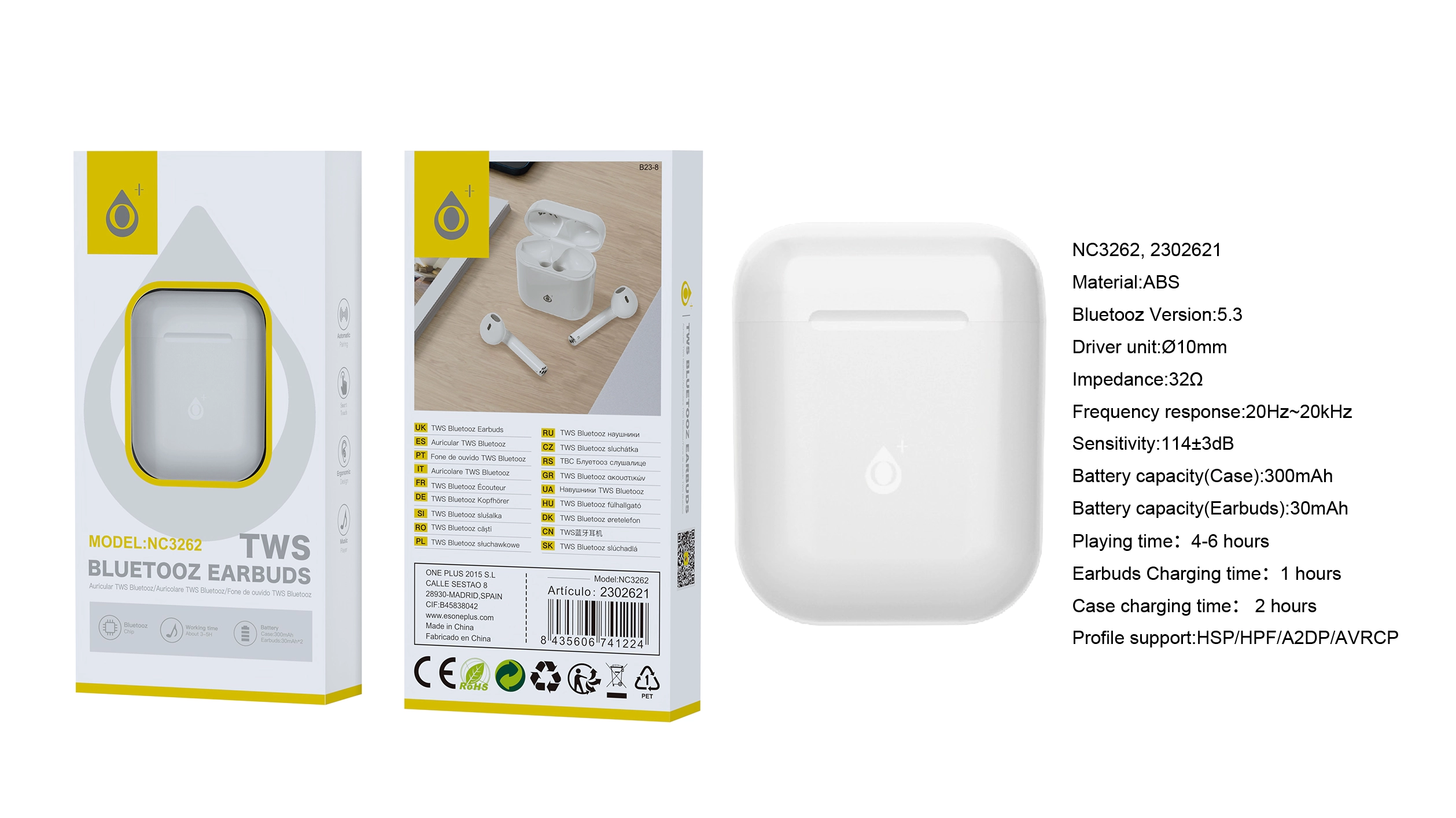 Ecouteurs bluetooth 5.3 tws- 230mah avec etui rechargeable  300mah- nc3262  blanc