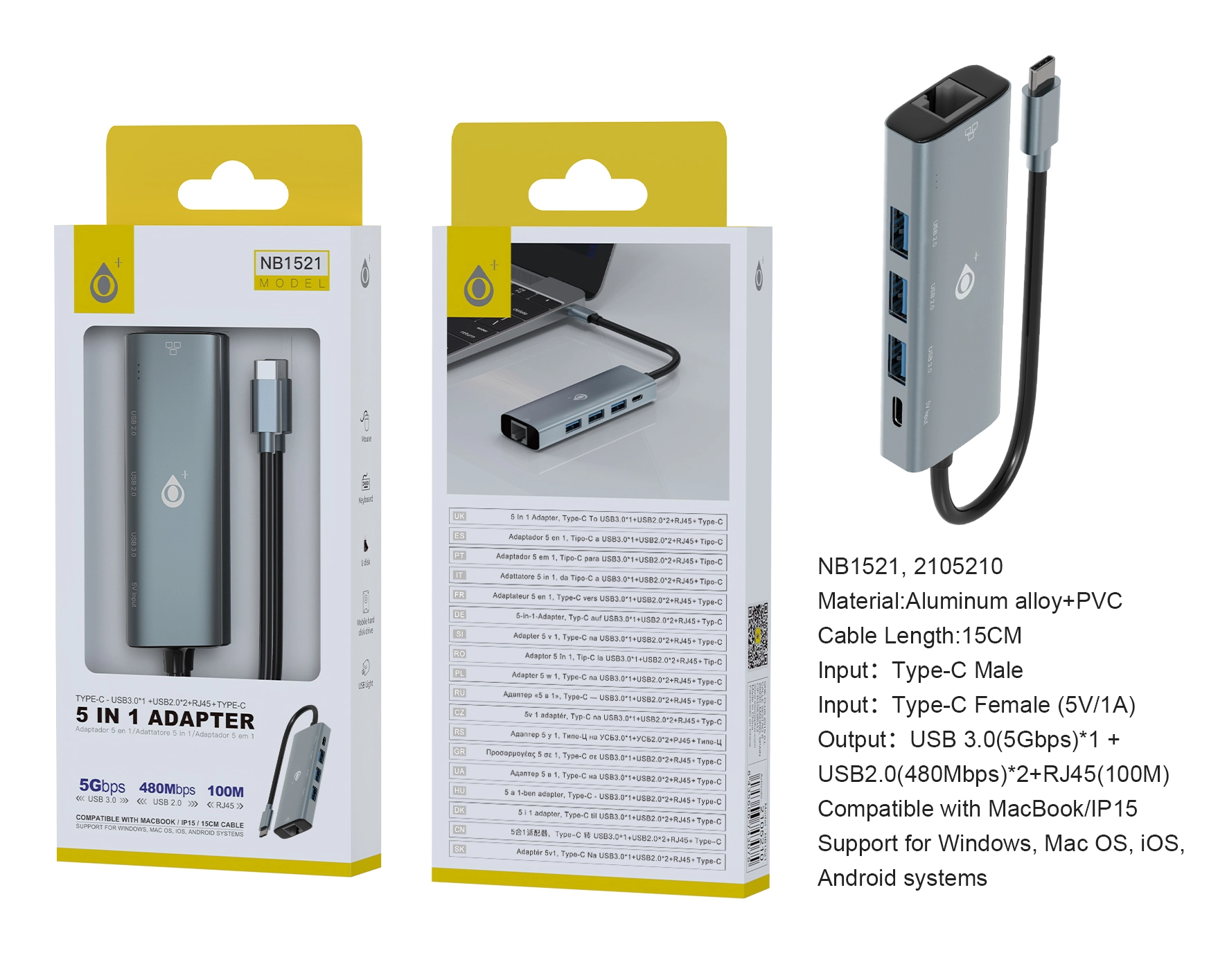 Hub type c 5 ports nb1521compatible avec macbook/ip15 - gris